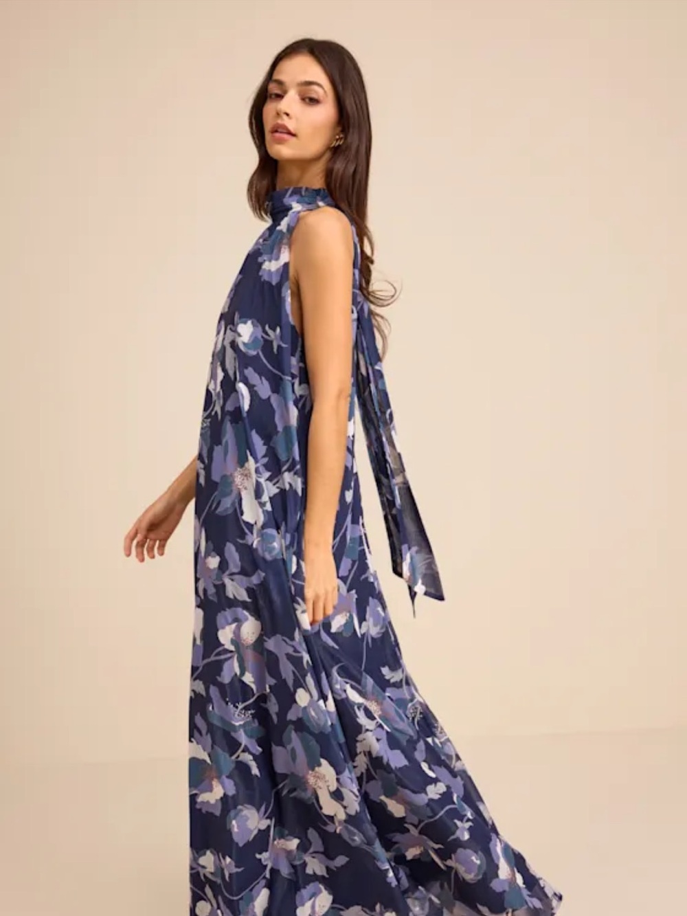 Lulus Navy Floral High Neck Dress